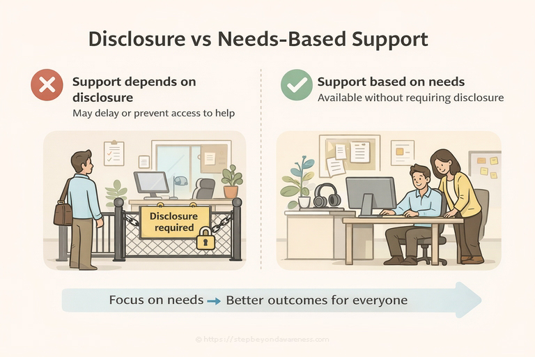 Disclosure vs Needs-Based Support
X - Support depends on disclosure - May delay or prevent access to help
Y - Support based on needs - Available without requiring disclosure